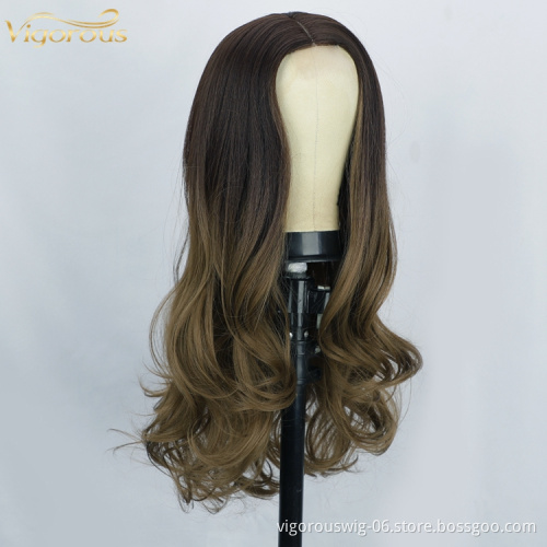 ombre brown Long Wavy Wig for women Middle Part Synthetic Lace Wig Heat Resistant Fiber for Daily Party cosplay Use